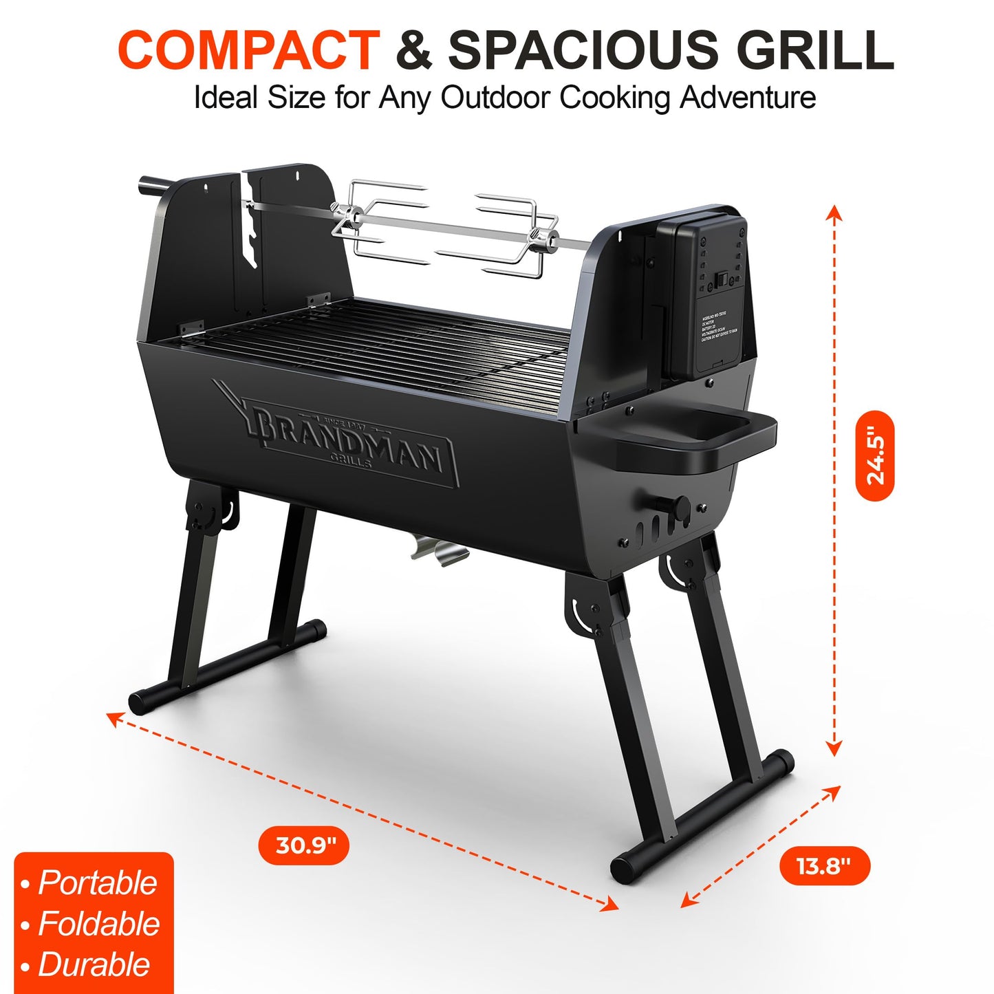 BRANDMAN GRILLS SINCE 1987 2 in 1 Portable Charcoal BBQ Rotisserie Grill with Motorized Kit Folding BBQ Grill 257 sq.in. Porcelain Enameled Grate Lightweight for Backyard Outdoor Camping