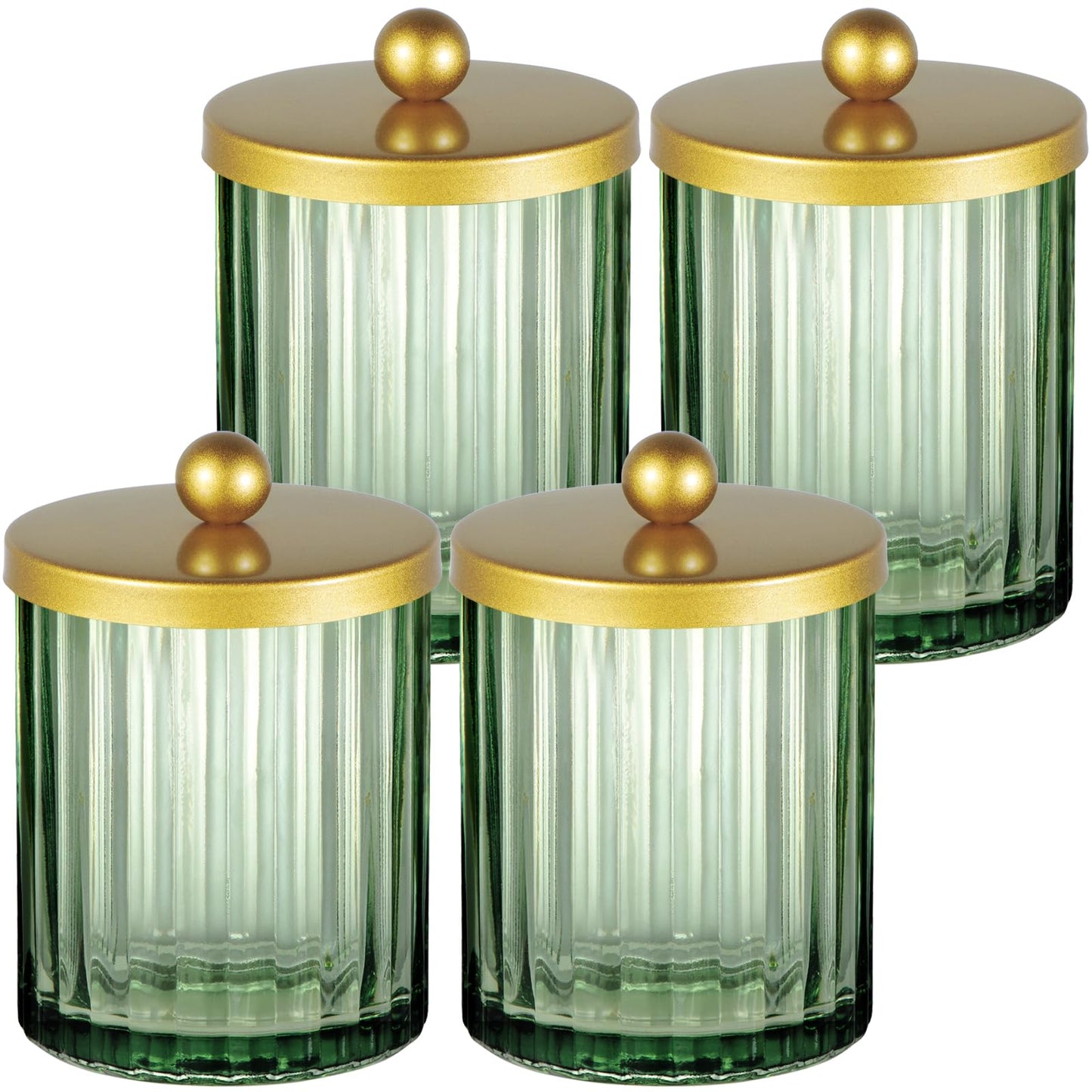 Amolliar Sage Green Glass Qtip Holder Dispenser, Bathroom Canister Apothecary Jar for Cotton Swabs, Cotton Balls, Round Pads, Floss Picks, Countertop Storage Organizer Container for Vanity,Gold 4 Pack