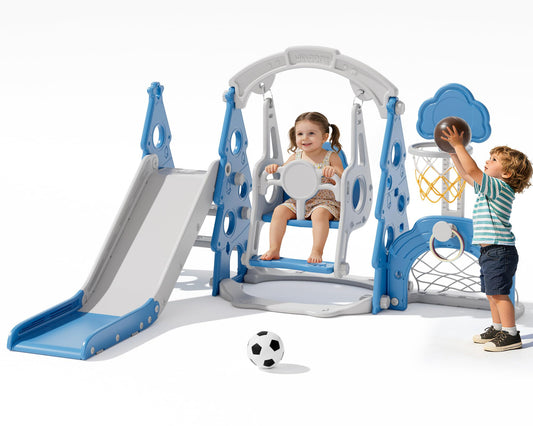 XJD 6-in-1 Toddler Slide and Swing Set, Kids Slide for Toddlers Age 1+, Toddler Outdoor Playset with Basketball Hoop, Football Frame, Swing, Christmas Birthday Gifts for Kids (Light Blue)