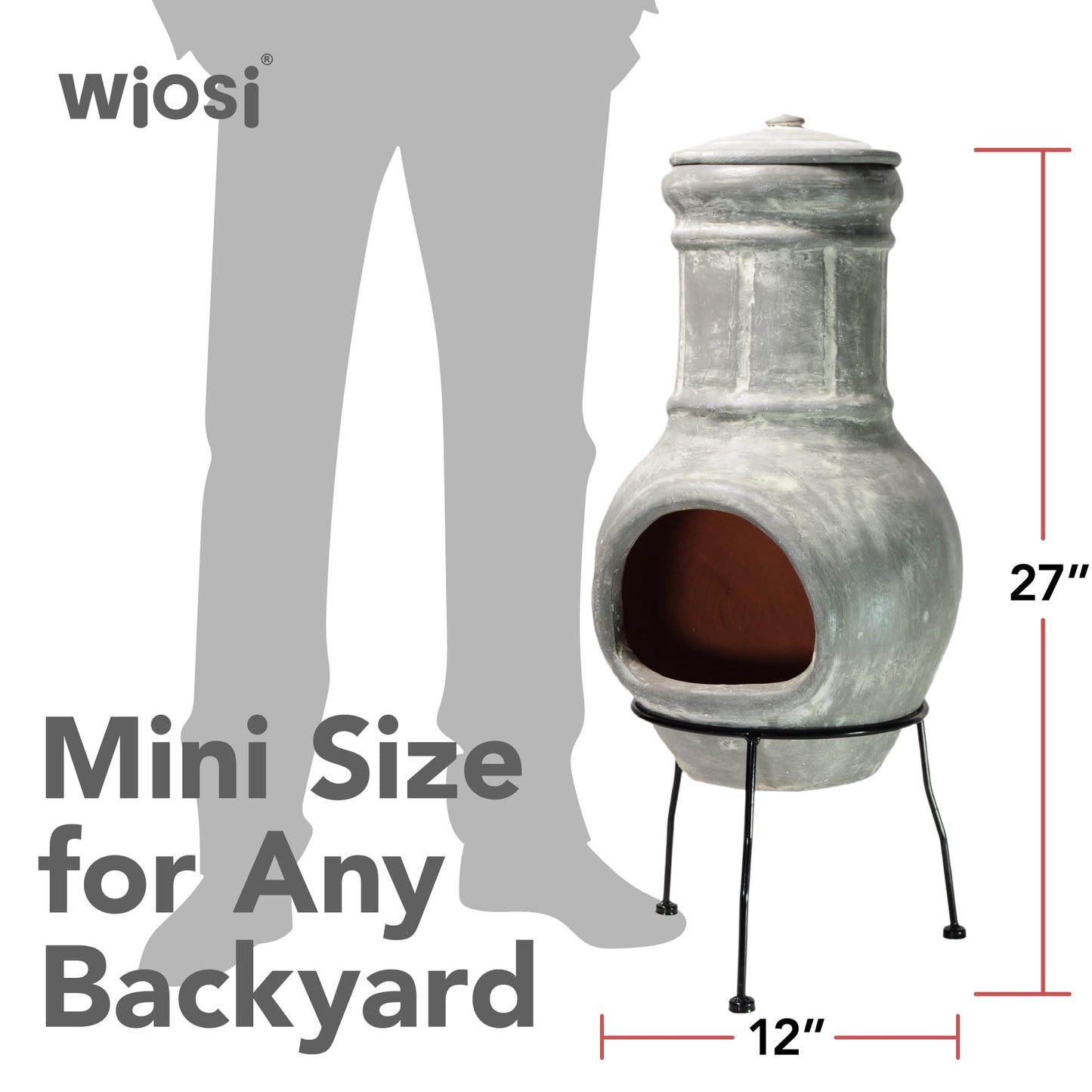 Grey Chimenea Outdoor Fireplace, Clay Chiminea with Lids and Metal Stands