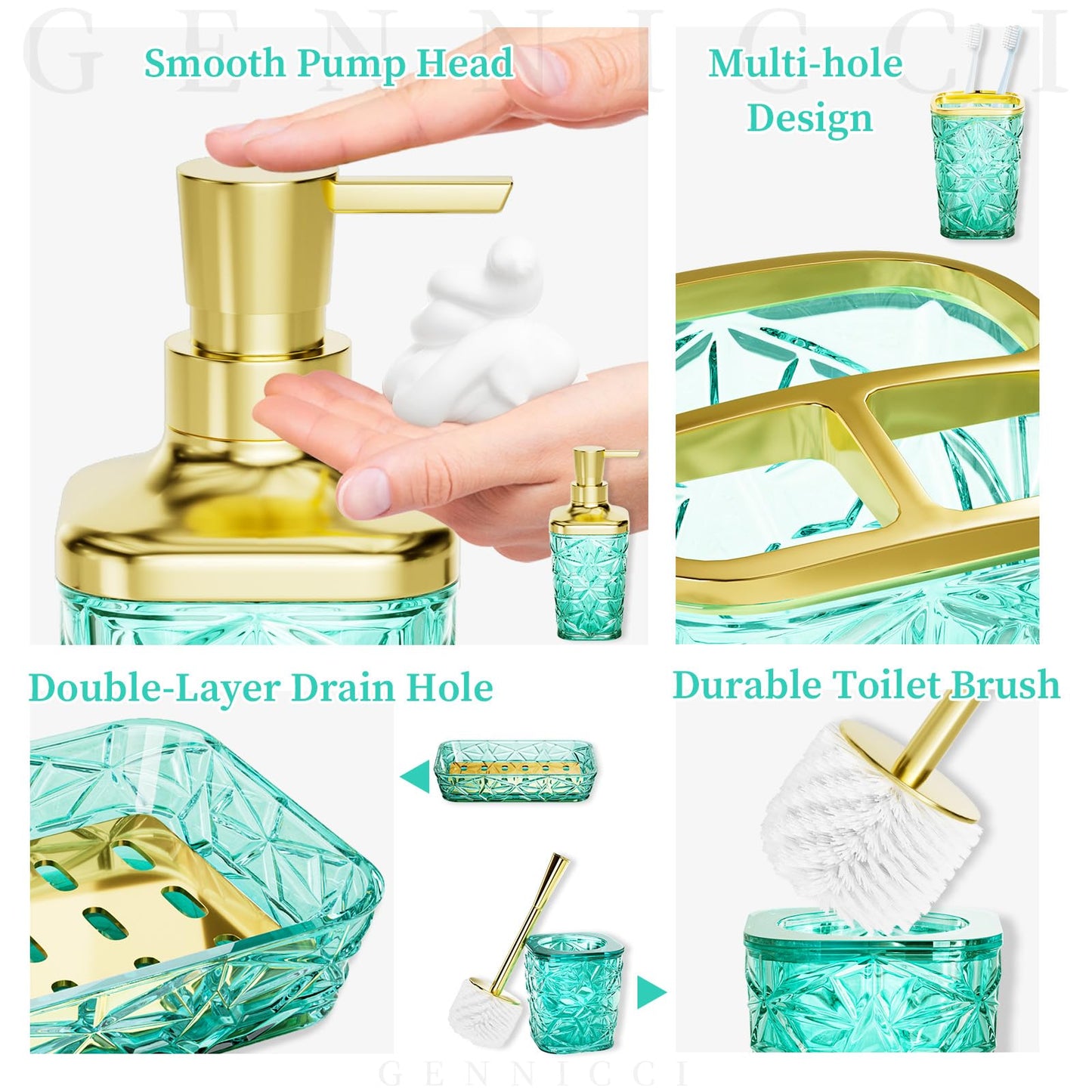 Bathroom Accessory Set, 9-Piece Teal Bathroom Set with Trash Can, Toilet Brush, Soap Dispenser, Soap Dish, Toothbrush Holder, Tumbler, Q-tip Holders & Tray, for Hotel/Apartment, Housewarming Gift