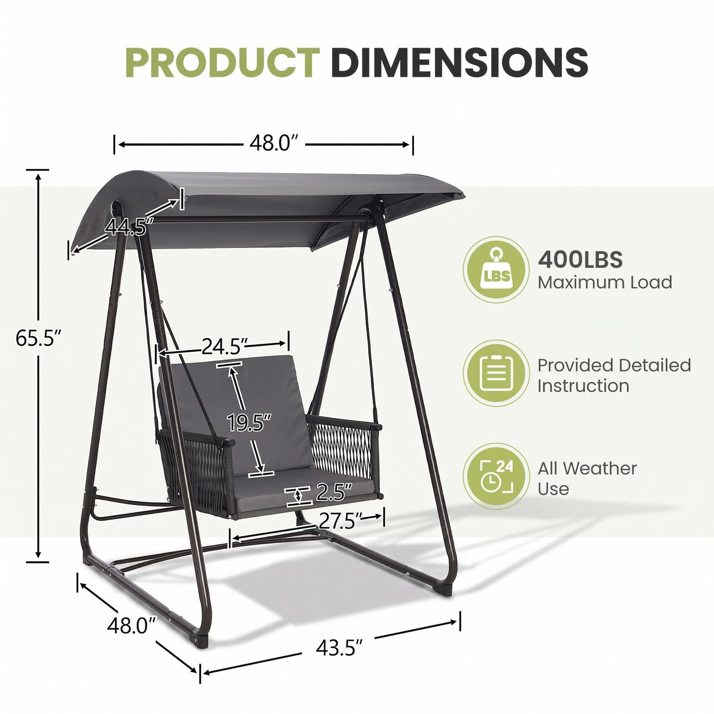DAYARUS Porch Swing with Stand, Outdoor Swing with Canopy, All Weather Outdoor Swings for Adults, 400lbs Heavy Duty Porch Swings with Removable Cushions, Single Hanging Chair for Small Space, Grey