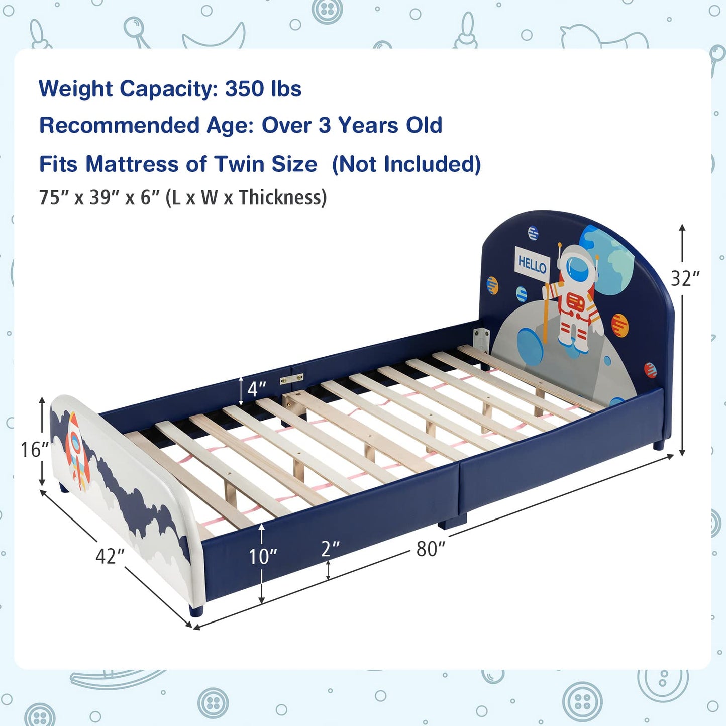 Costzon Twin Bed Frames for Kids, Wood Upholstered Twin Bed Platform with Slat Support, Padded Headboard&Footboard, No Box Spring Needed, Easy Assembly, Fits Standard Twin Mattress (Astronaut)