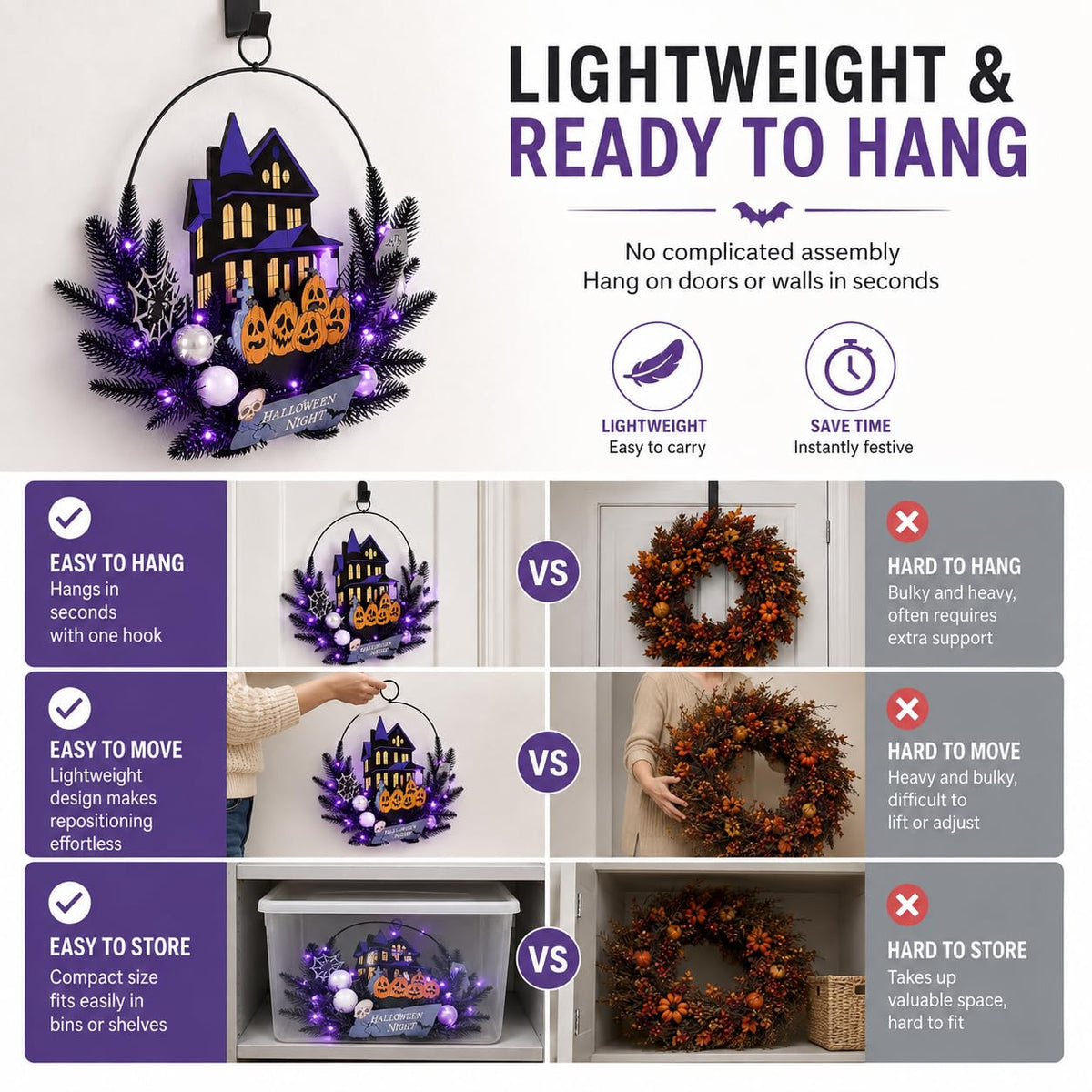 Amadecohome Halloween Wreath with Lights, 15.7 Inch, 6H On/18H Off Timer