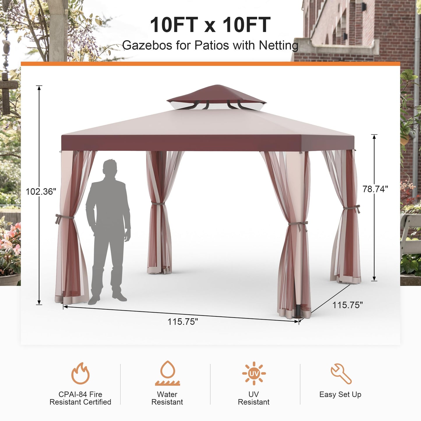 Patio Gazebo Tent Outdoor Canopy Shelter 10'x10' with Removable Netting,100 Square Feet of Shade for Garden, Backyard Deck and Lawns (Red)