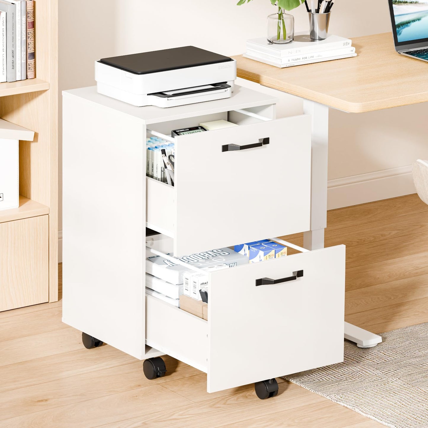 DUMOS 2 Drawer Storage Cabinet, Rolling Under Desk Storage, White
