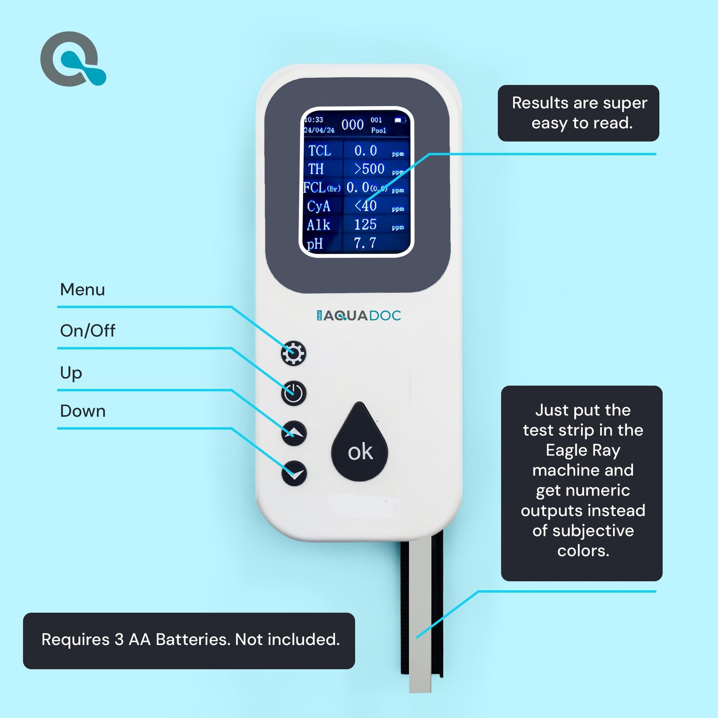 Eagle Ray Digital Water Test Kit for Pool & Spa by AquaDoc with Digital Water Tester and 30 Pool & Hot Tub Test Strips for Chlorine, Bromine, Total Hardness, Cyanuric Acid, Alkalinity and pH