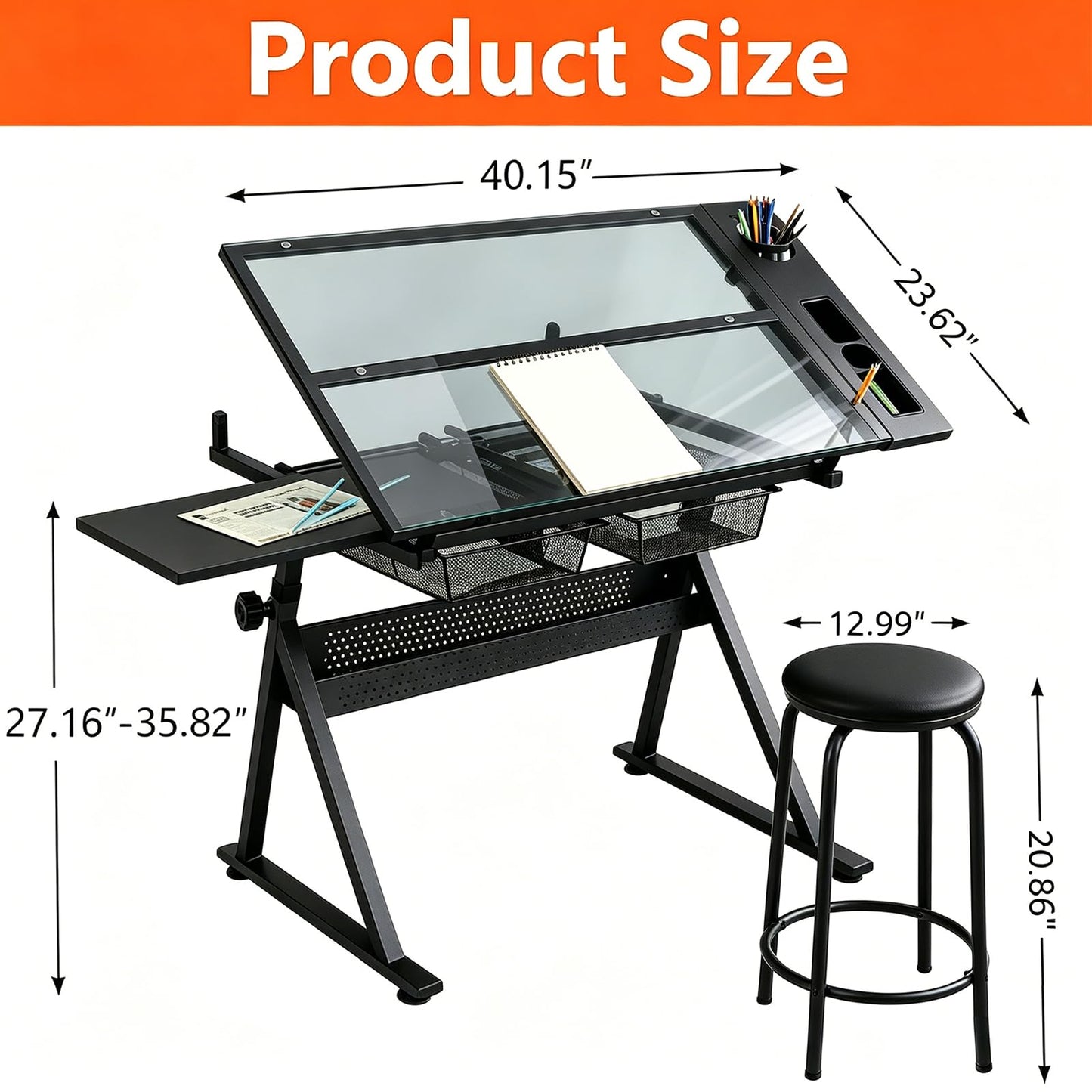 Drafting Table with Storage & Stool, Tempered Glass, 0-75° Lockable Angle, 27.16" to 35.82" Adjustable Height, 40.15" x 23.62'' Tabletop, 2 Drawers and Shelf, Tilted Writing Drawing Table, Black