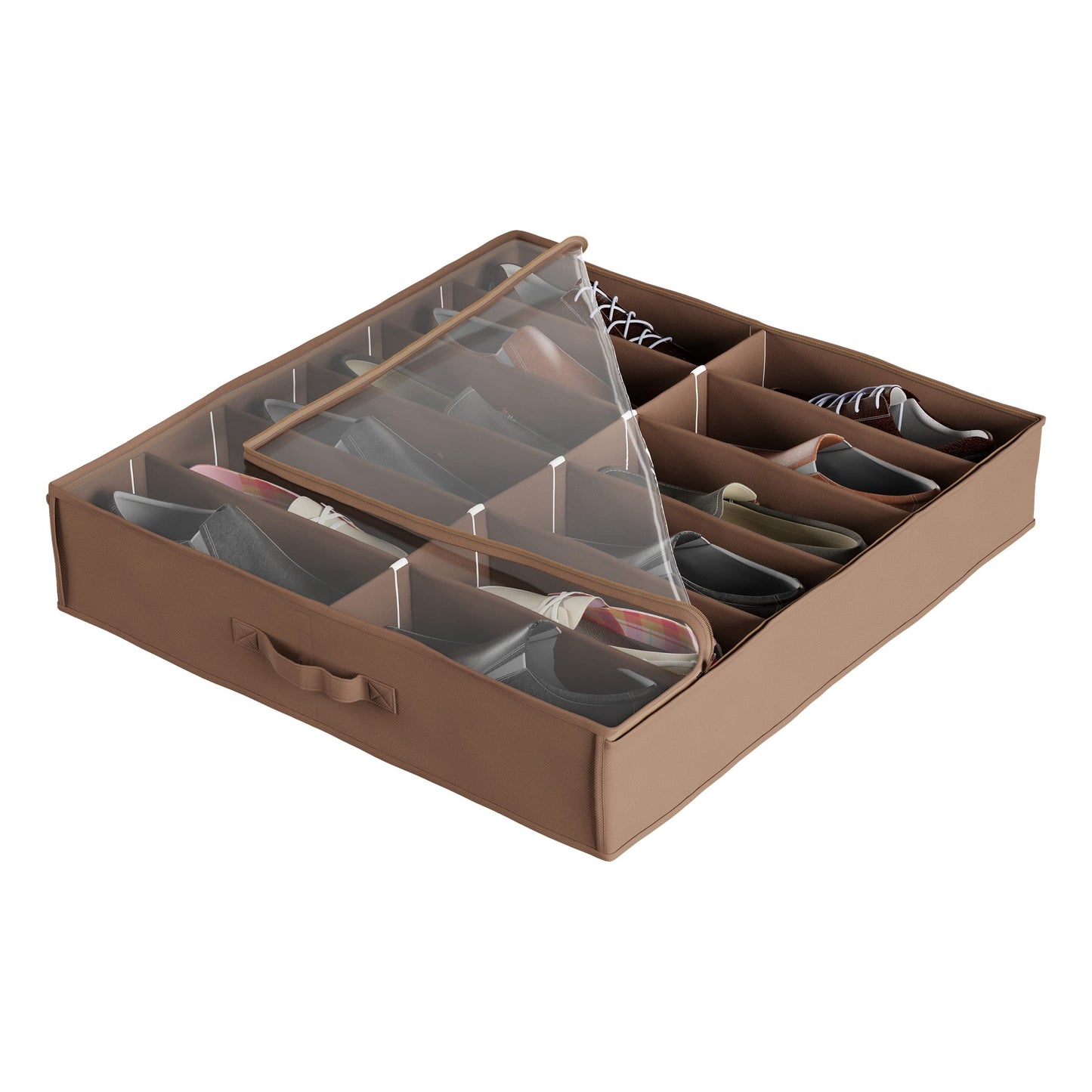Under Bed Storage Shoe Organizer Bag with Clear Plastic Zippered Cover, Stores 12 Pairs of Shoes by Everyday Home (Brown)