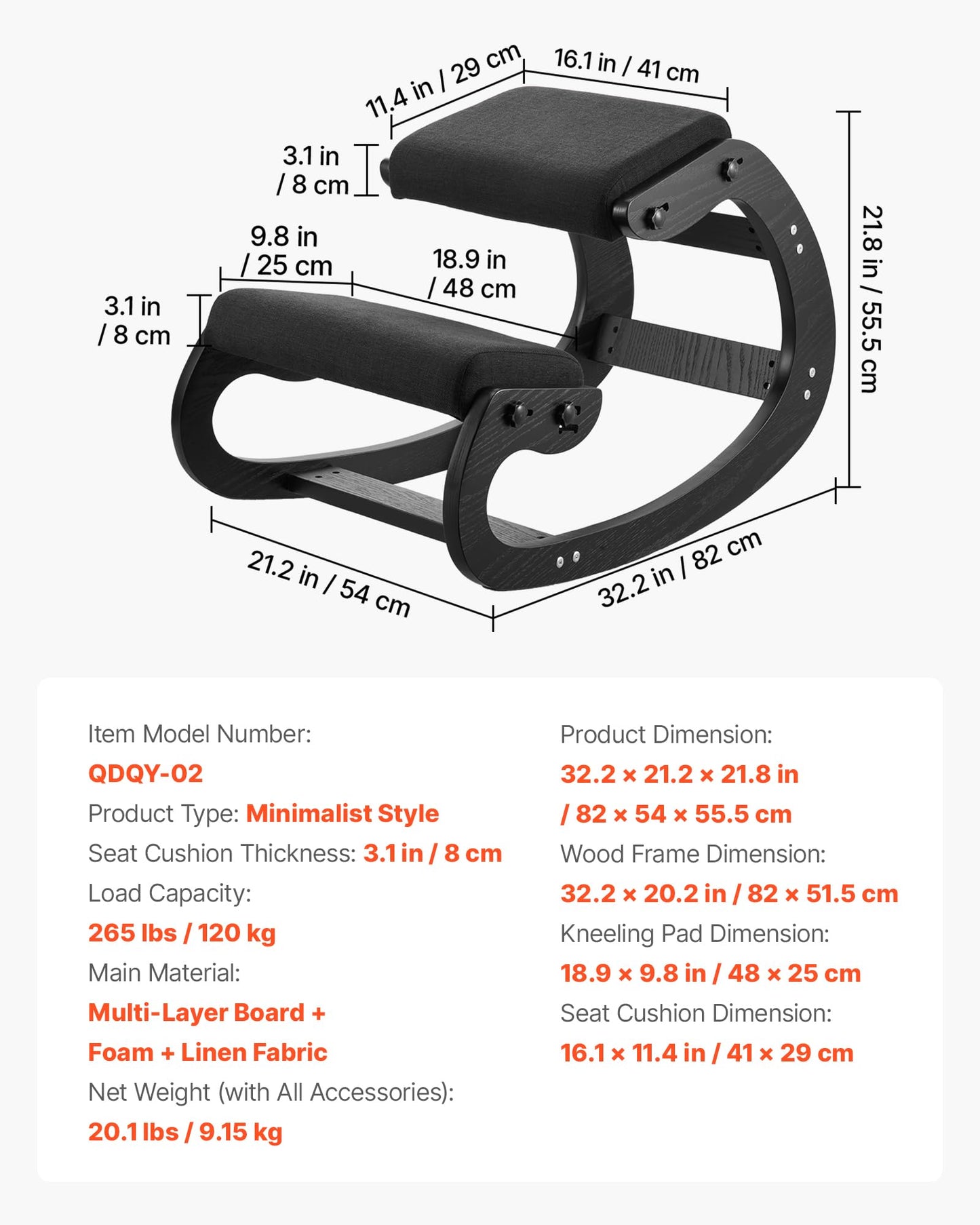 VEVOR Ergonomic Kneeling Chair, Wooden Posture Knee Chair with Adjustable Thick Foam Cushions & Solid Wood Frame, Adjustable Height, Relief for Neck or Back Pain for Home, Office or Meditation, Black