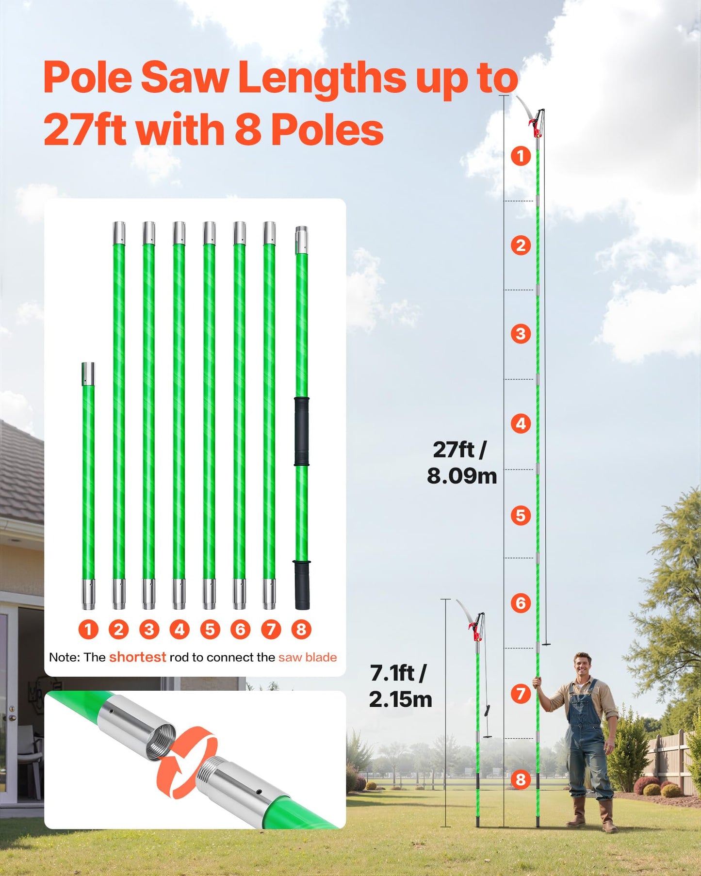 VEVOR Manual Pole Saw, 3.87-27 ft Extendable Pole Tree Pruner with Scissors, Sharp 65Mn Steel Blade, Lightweight Fiberglass Handle Pole, for High Branch Trimming, Pruning Tool for Palms and Shrubs