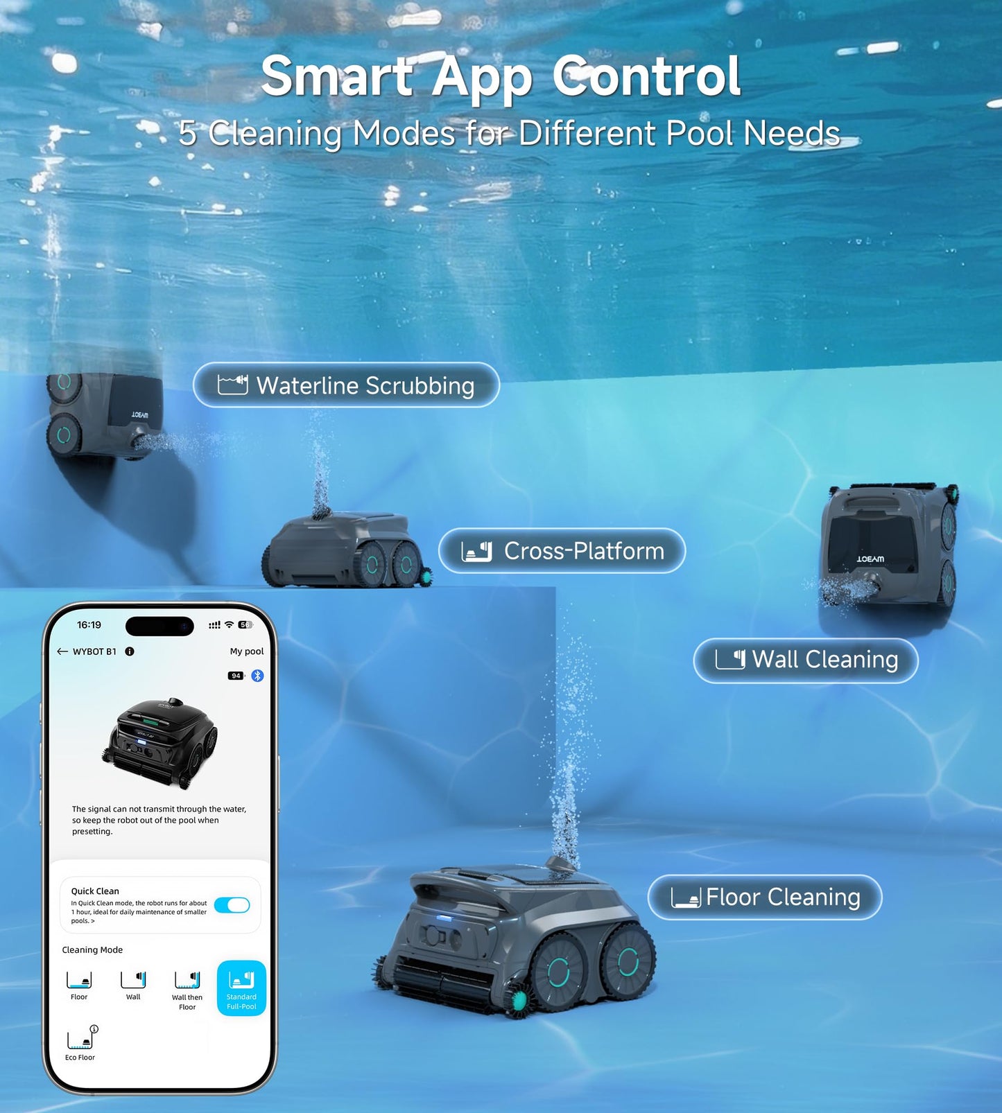 (2026 NEW) WYBOT B1 Cordless Robotic Pool Vacuum for Inground Pools, Six-Roller Brush 4-in-1 Smart Pool Cleaner, Edge Cleaning High Obstacle Crossing, Lightweight, App Navigation