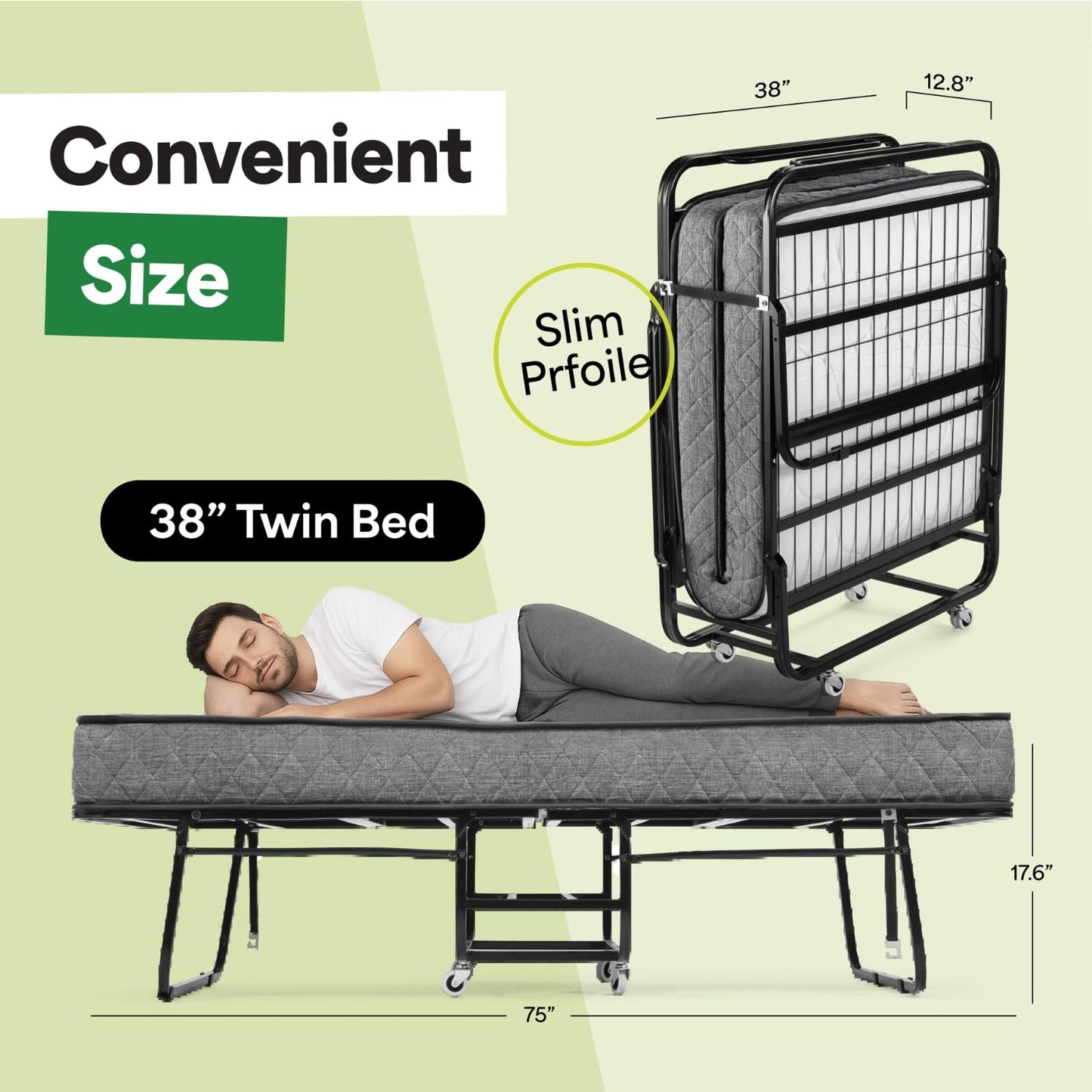 EconoHome Folding Bed with Mattress - 75x39 Twin Size Frame - Portable Rollaway Guest Bed with 5-inch Memory Foam Mattress - Space-Saving Foldable Design for Easy Storage