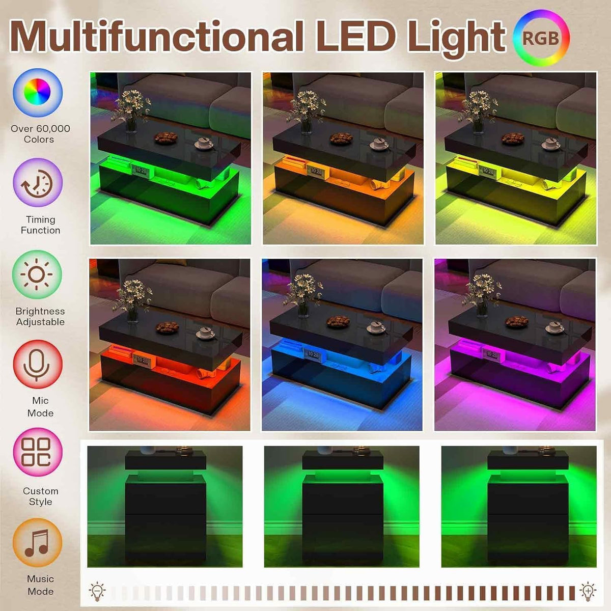LUXOAK 3-Piece Modern Coffee Table Set with LED Lights