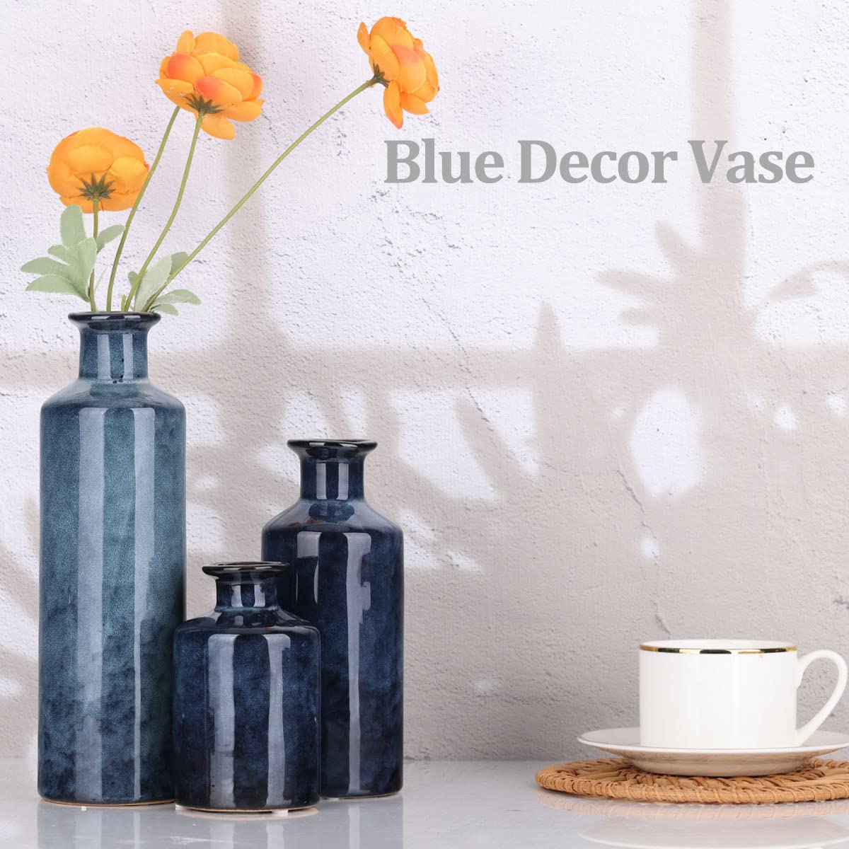 Blue Ceramic Vase Set - 3 Blue Small Vases