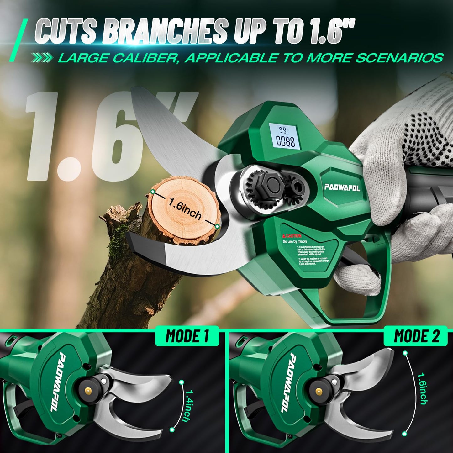 Electric Pruning Shears, 1.6" (41mm) Cutting Diameter Cordless Electric Scissors with LCD Display, 21V Brushless Motor Branch Cutter with 2 PCS Rechargeable 2000mAh Batteries & 2 Blades (Green)