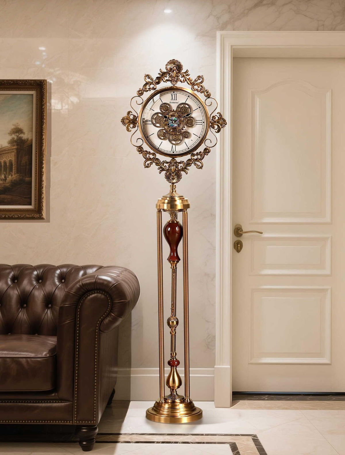 interoknack Vintage Grandfather Standing Clock – High-End Shell & Gear Floor Clock, Living Room Statement