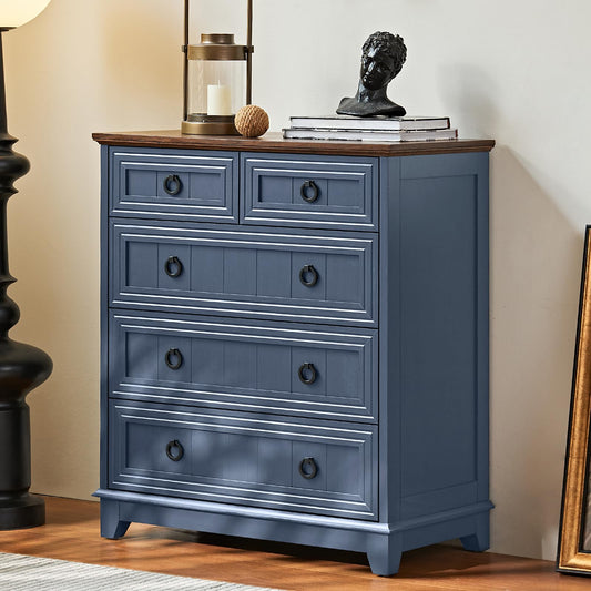 Joaxswe Farmhouse 5 Drawer Dresser for Bedroom, 33.2" Tall Small Dressers & Chest of Drawers, Rustic Wood Dresser with Metal Handle, Storage Organizer Closet for Living Room, Hallway, Entryway