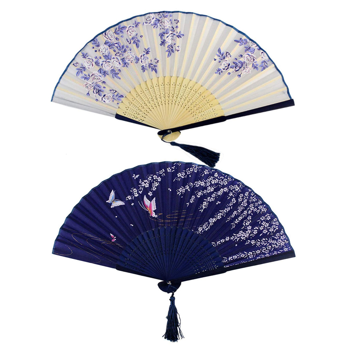 Bantoye 2Pcs Handheld Fans Silk Folding Fans with Bamboo Frames, White Blue