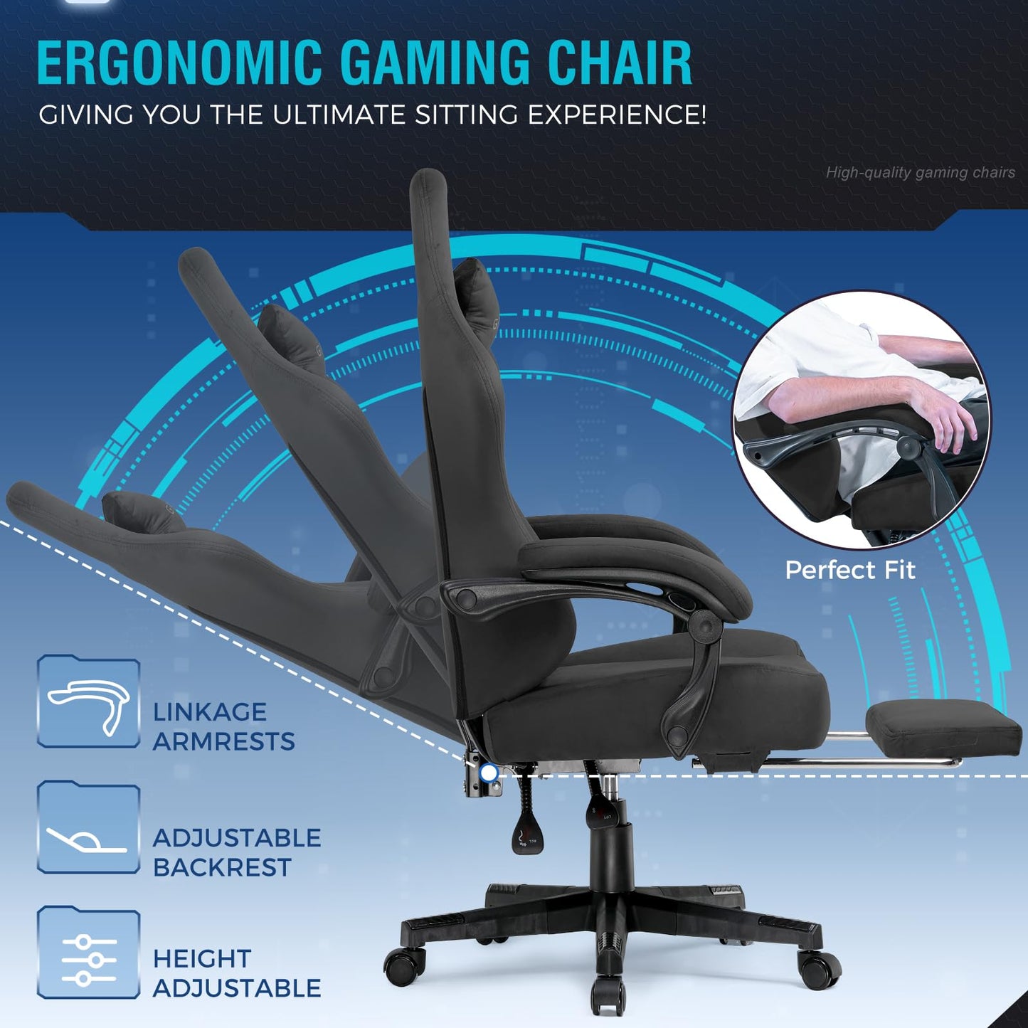 GTPLAYER Big and Tall Gaming Chair Fabric with Pocket Spring Cushion, High Back Ergonomic Computer Chair with Footrest for Adults Lumbar Support Swivel Game Chair for Office Gaming 350LBS, Black