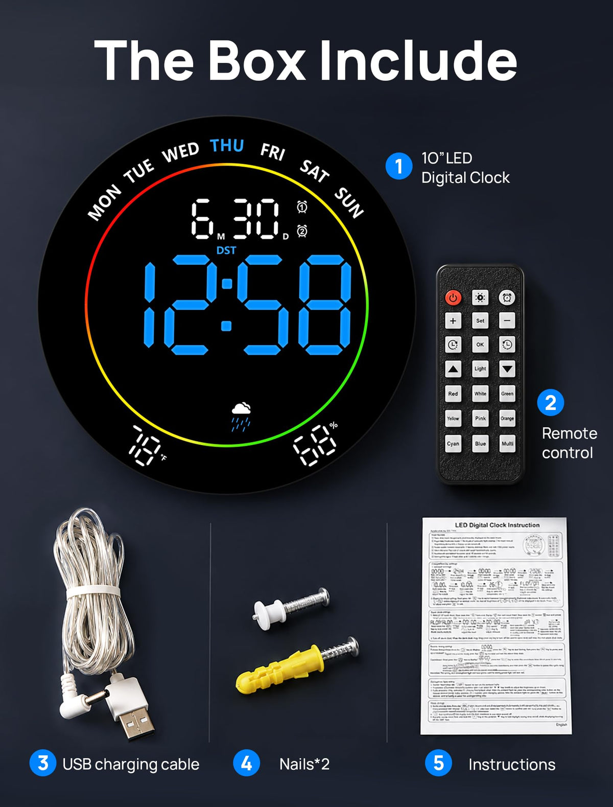 MASHI 10"Easy-Read Large Digital Wall Clock,11-Color Night Light,Auto-DST
