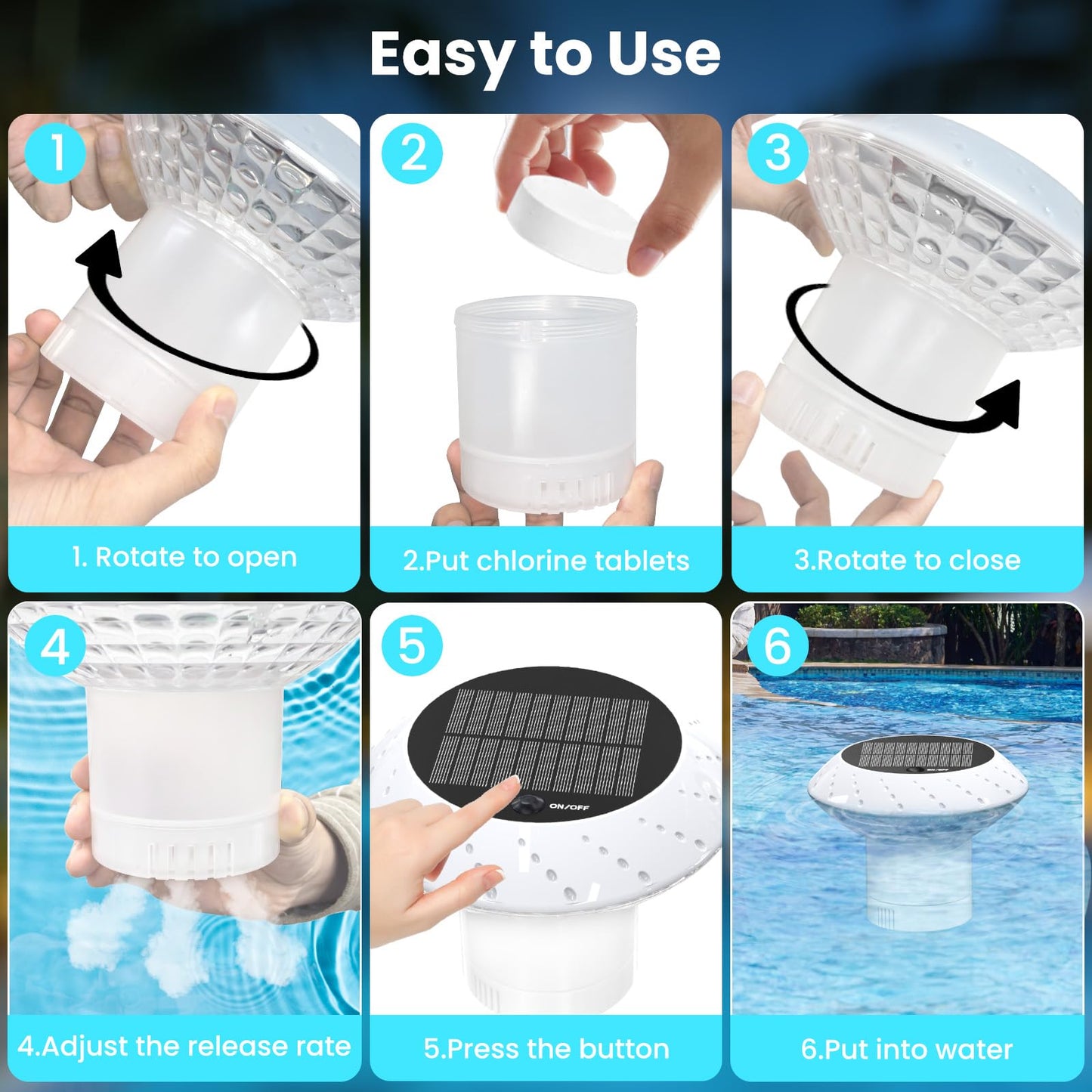 2026 Upgrade Solar Pool Chlorine Floater 3 Inch Tablets(1 Pack), 1800mAh Floating Pool Lights with Remote, 42 Lighting, Timer Function, IP68 Waterproof for Inground/Above Ground Pool, Pool Party, SPA