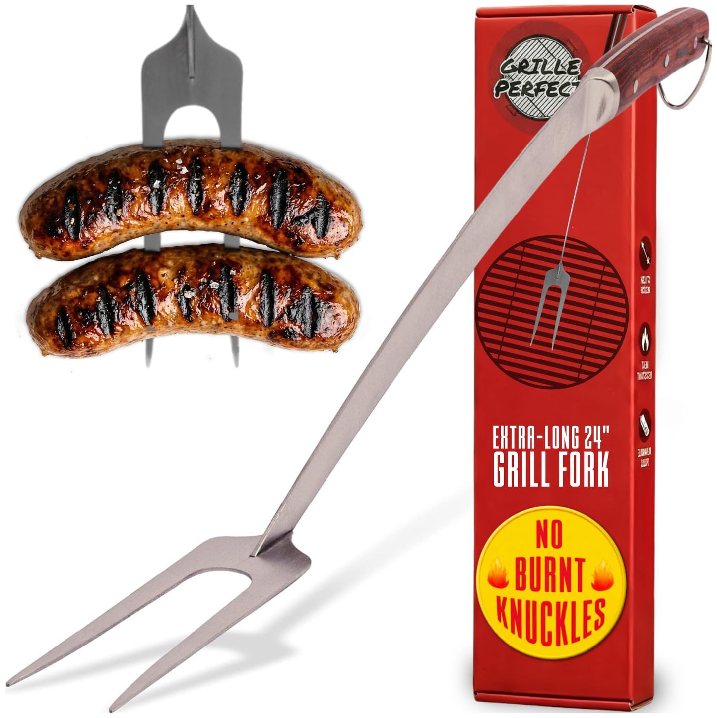 Grill Fork 24-inch Super Long for Grilling Barbecue Griddle and Fire Pit Extra Strong Curved Neck Premium Hardwood Handle Large Stainless Steel Tines for BBQ Outdoor Kitchen and Grilled Food