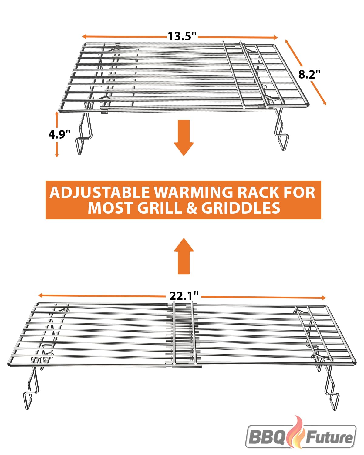 BBQ Future Universal Adjustable Warming Rack for Grills, Folding Stainless Steel Upper Rack for Pit Boss Traeger Pellet Smoker Weber Charbroil Gas Grill Blackstone Griddle & More, Dishwasher Safe