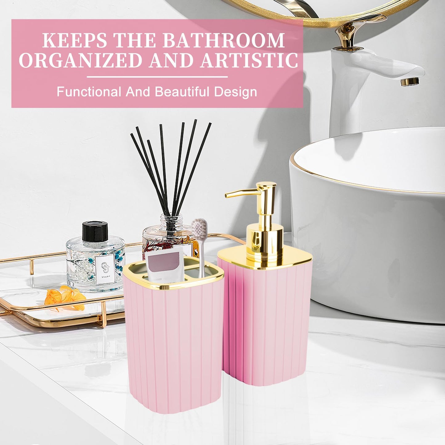 RRM 2PCS Bathroom Accessories Set,Pink Soap Dispenser and Toothbrush Holder