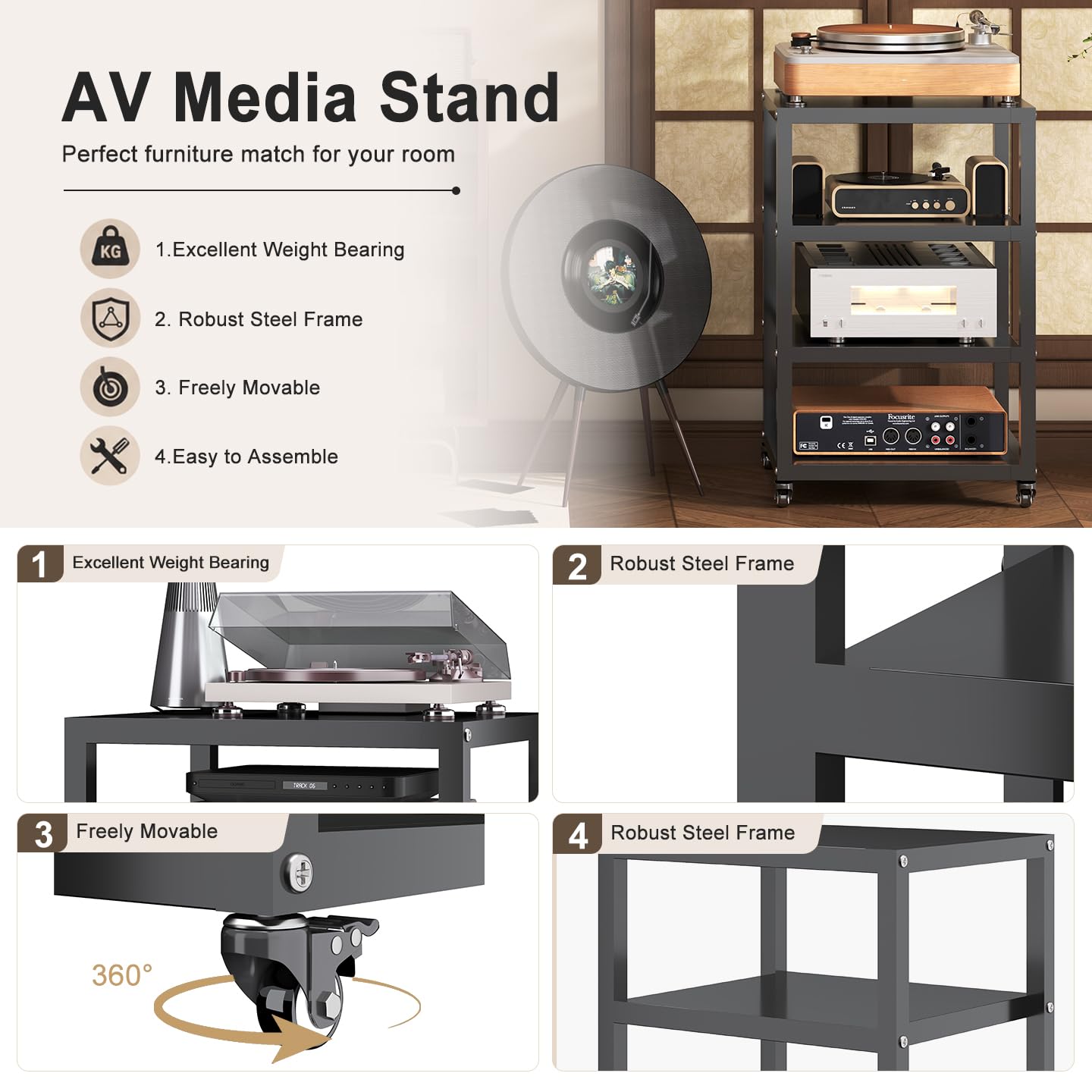 PLMFJQK 4 Tier Record Player Stand with Storage,Media Stand Heavy Duty Media Shelf,Record Player Shelf for DVD AV,31.5"*19.69"*15.75"