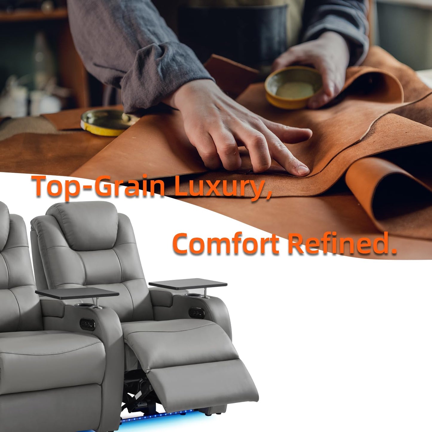 comfiroom Home Theater Seating Seats Simple Style Top Grain Nappa Leather Recliner Chair Dual Power Movie Theater Chairs Gaming Sofa Electric Headrest with Tray Table (Grey, Row of 5)