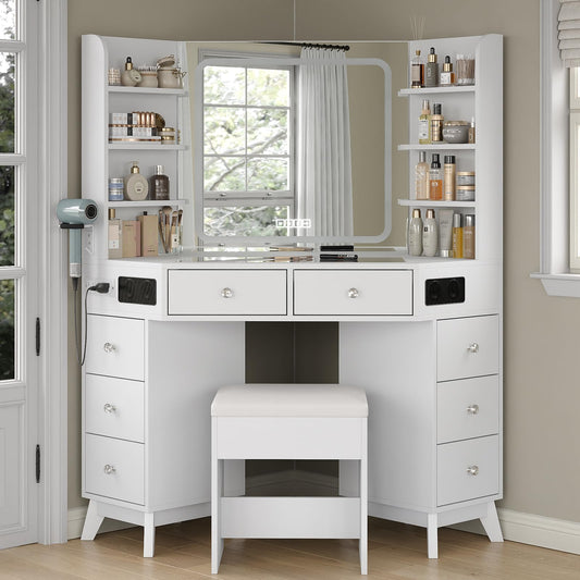 Yanosaku Corner Vanity Desk with Buil-in Speaker, 8 Drawers & 6 Shelves, Makeup Vanity with Glass Top, Modern Vanity with Mirror and Lights, 3 Color Lighting Modes, Dressing Table for Bedroom, White