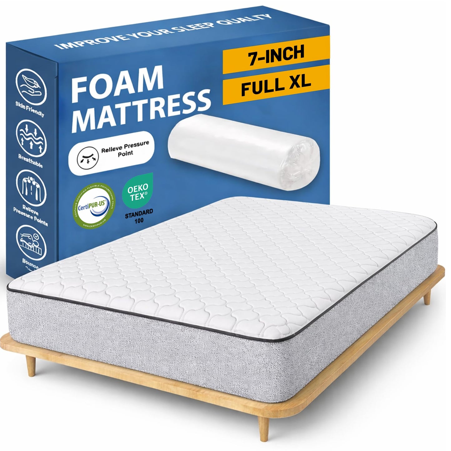 Greaton, 7-Inch Medium Firm High Density Foam Mattress, Comfortable Mattress for Cooler Sleep, Supportive & Pressure Relief, Full XL, White