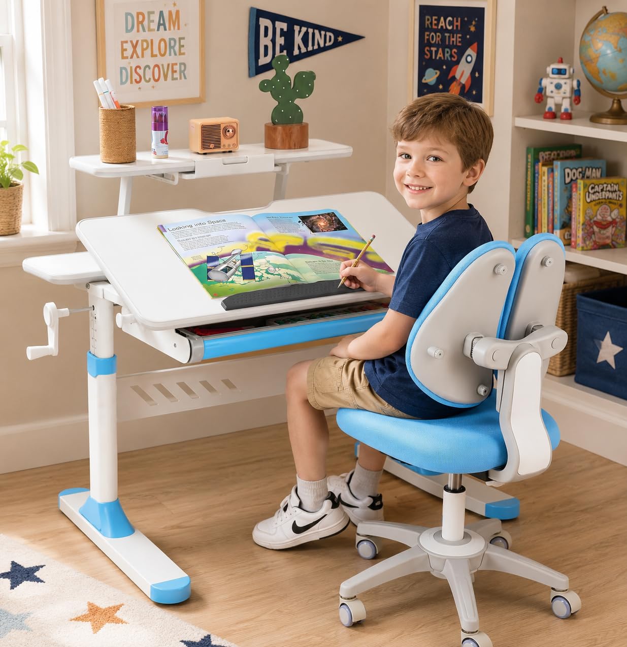 COSVALVE Premium Kids Study Desk and Chair Set,Adjustable Boys School Writing Study Table,Ergonomic Desk Chair with Large Writing Board Pull Out Drawer Bookstand Blue
