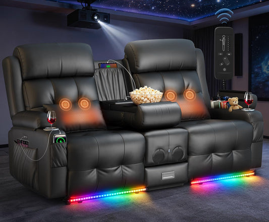 Home Theater Seating, Power Loveseat Recliner Sofa with Massage & Heat