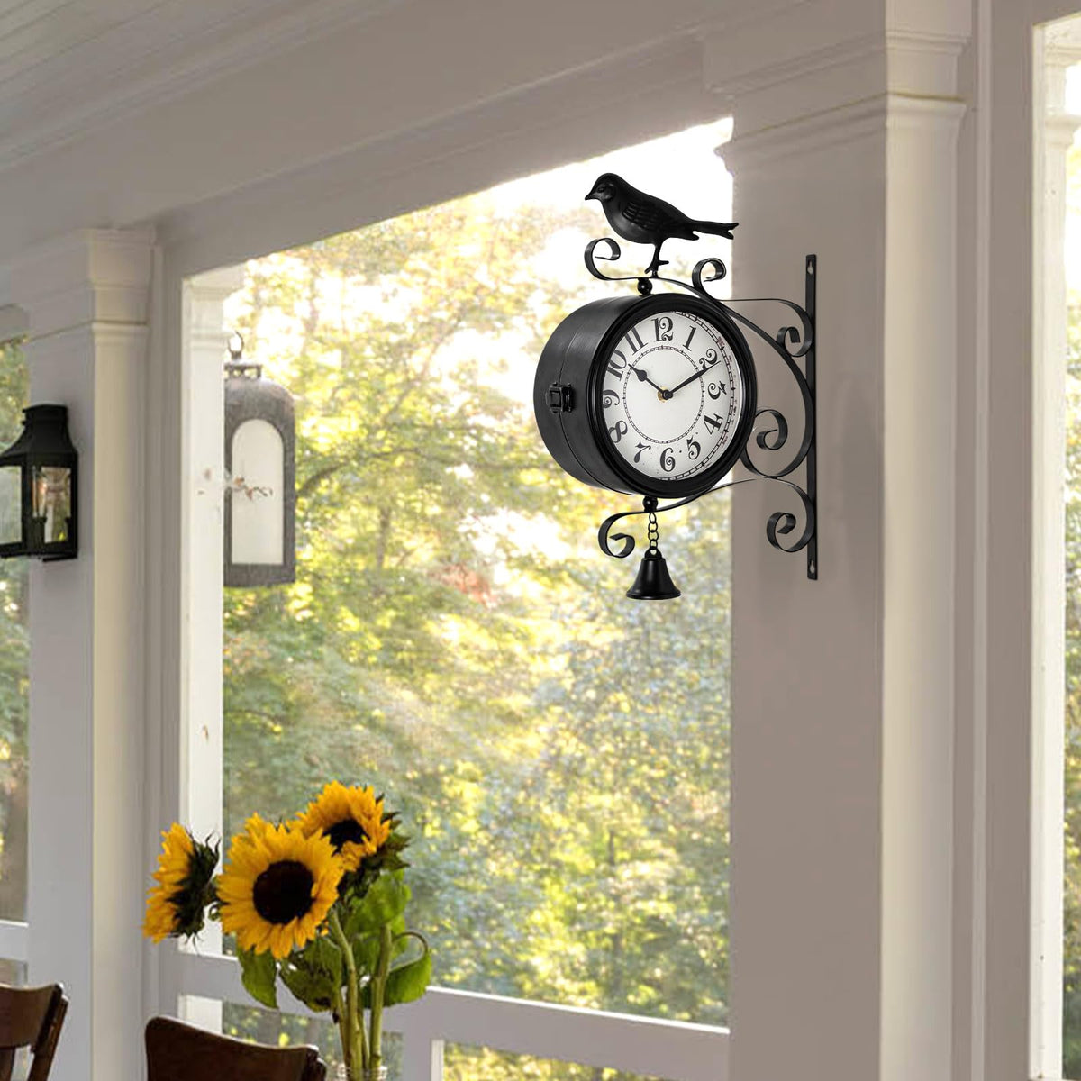 MACVAD Double-Sided Outdoor Wall Clock with Interchangeable Rooster, Bird & Bear Topper, 360° Rotating Iron Hanging Clock, Silent Non-Ticking Quartz Movement, Rustic Farmhouse Porch Garden Decor