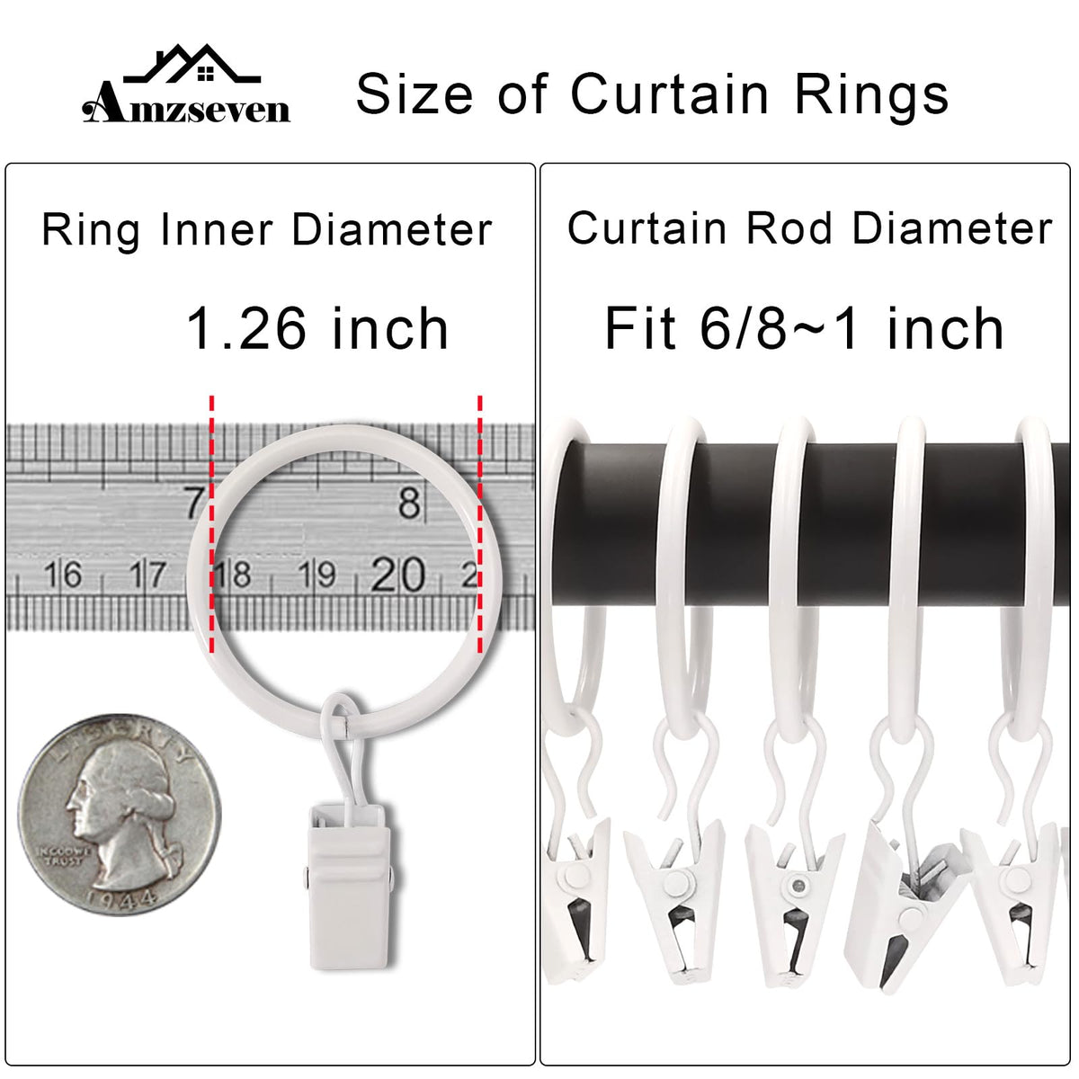 AMZSEVEN 40 Pack Metal Curtain Rings with Clips, 1.26 in ID, White