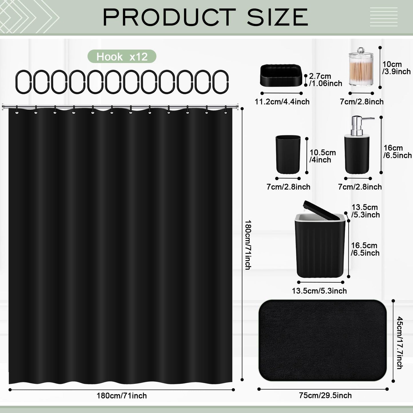 Hosuly 9 Pcs Bathroom Accessory Set Shower Curtain Set, Black