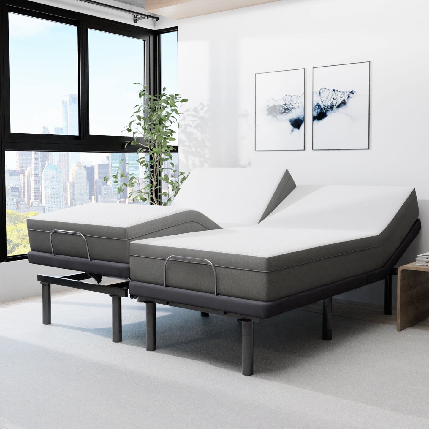 Blissful Nights e4 Split King Adjustable Bed Base Frame with 10" Medium Firm Gel Infused Memory Foam Mattress
