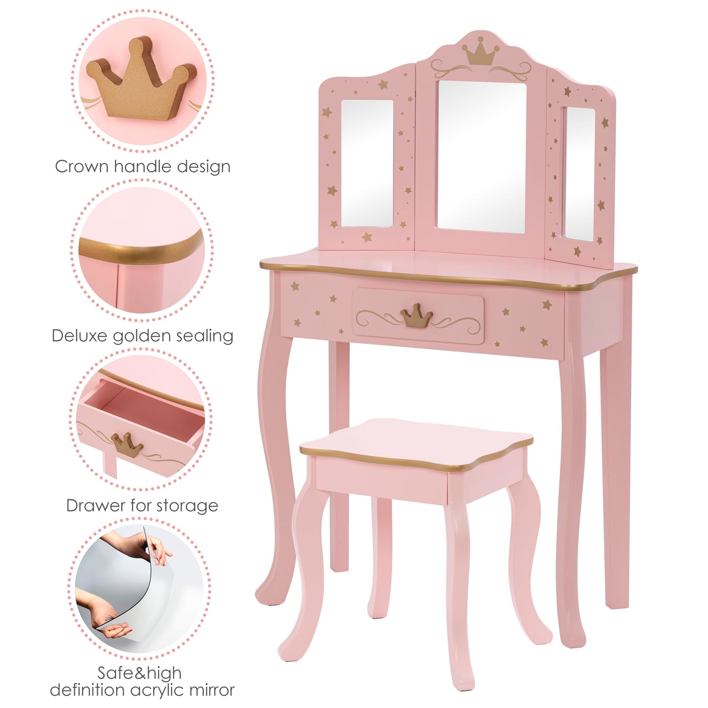 UTEX Kids Vanity Set with Mirror and Stool, Kids Make Up Vanity Desk with Mirrror for Little Girls, Children Makeup Dressing Table with Drawer, Pink