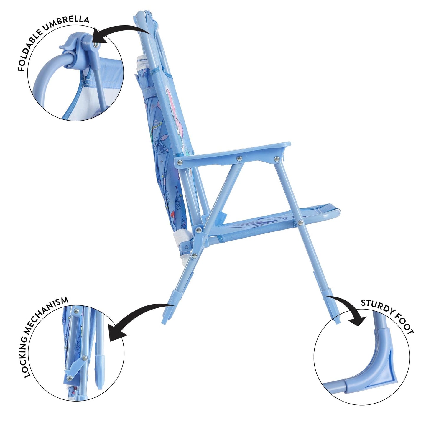Disney Stitch Kids Beach Chair with Umbrella,Foldable Portable Toddler Chair with Armrests, Locking Mechanism & Sun Shade