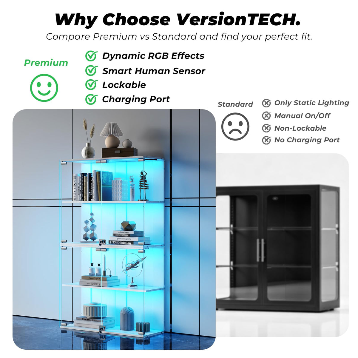 VersionTECH. Glass Display Cabinet with RGB Light, 4-Tier Curio Cabinets