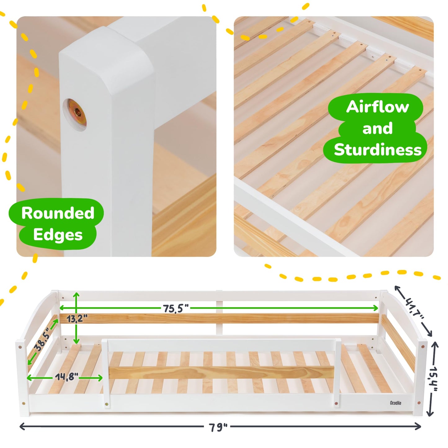 Ocodile Twin Floor Bed with Safety Guardrails for Kids, Montessori Inspired with Rails and 2 Openings, Twin Size Bed Frame for Girls and Boys - White