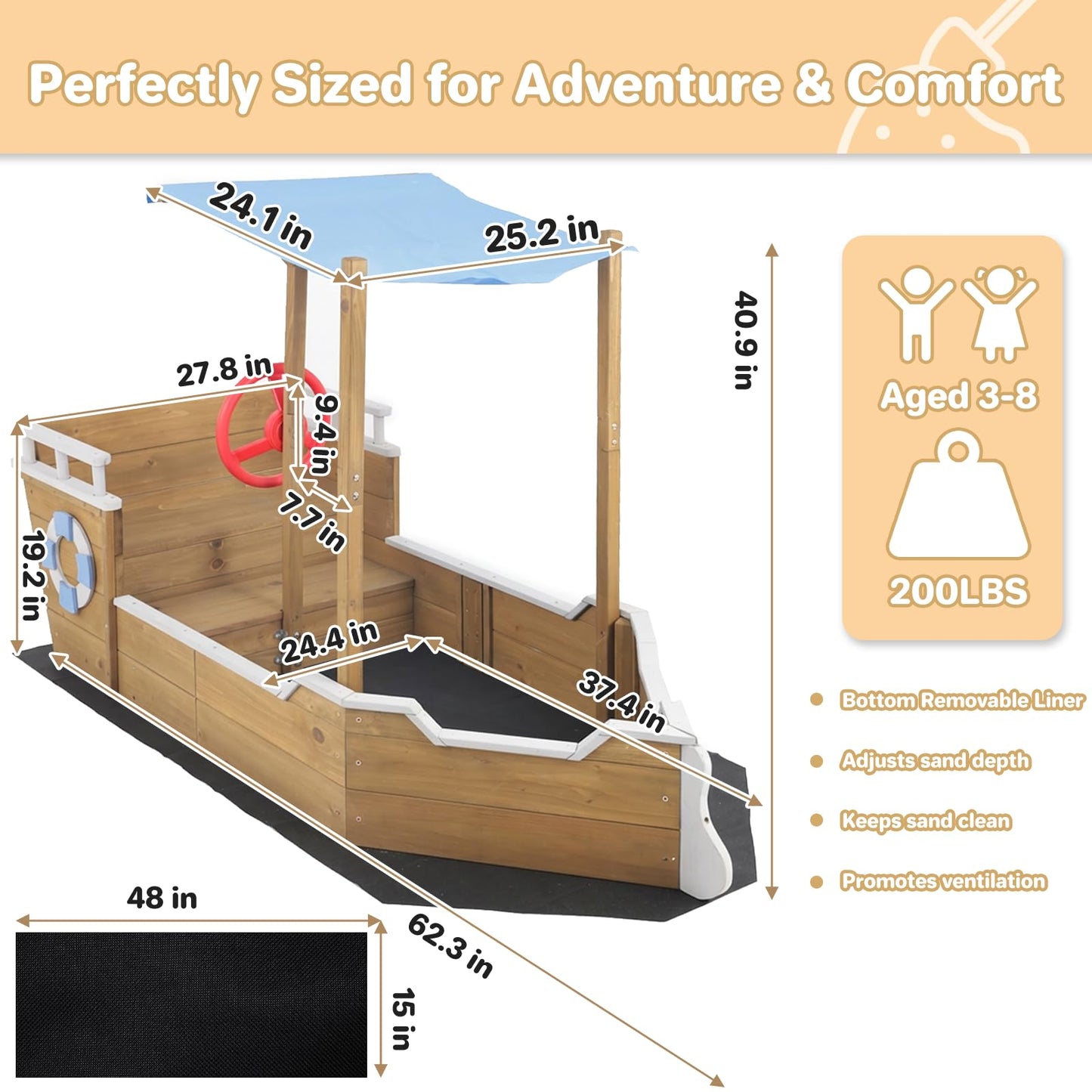 Wooden Kids Sandbox, Ship-Shape Sand Box Toy Box with Bench Seat & Hidden Storage Space, Outdoor Playset, Sand Box Sensory Table for Kids Ages 3-8