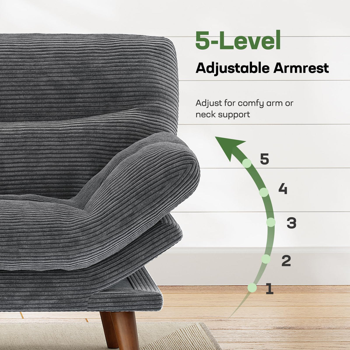 Marsail 66.1" Futon Sofa Bed, Corduroy Convertible Futon Couch with Adjustable Backrest & Armrests, Small Sleeper Sofa Loveseat for Small Apartments, Study Room, Office, Grey