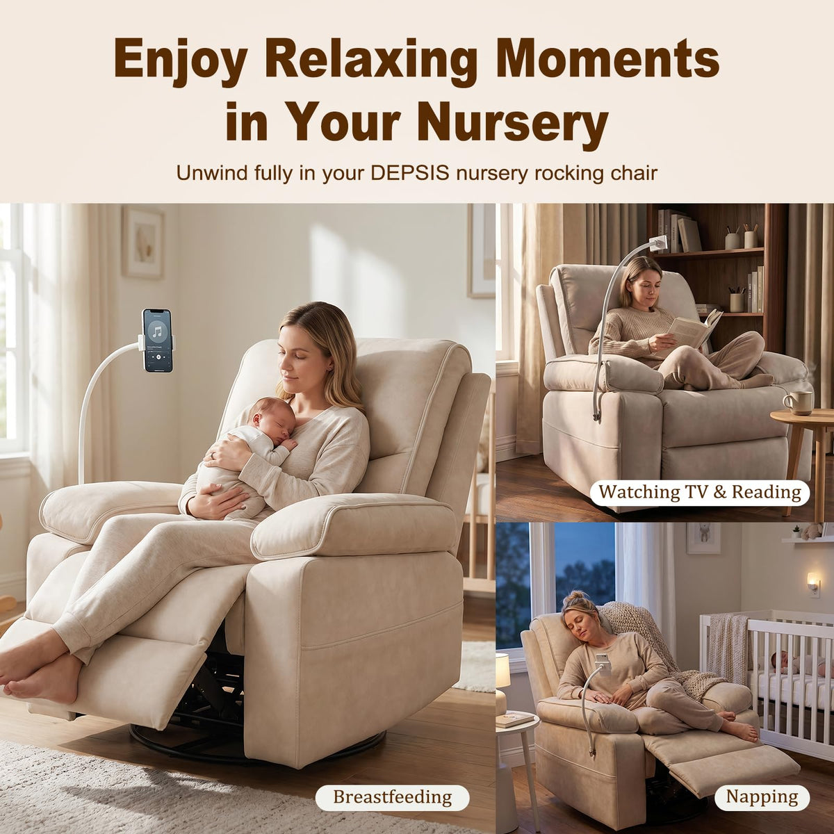 DEPSIS 360° Swivel Glider Rocking Chair Nursery， Oversized Recliner with Phone Holder，Nursing Chairs for Breastfeeding with Wide Foot Rest for Living Room and Baby Room,Beige