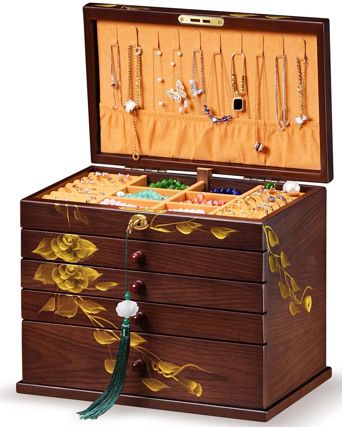 Painted Wooden Jewelry Box for Women, 6-Layer Vintage Organizer with Lock