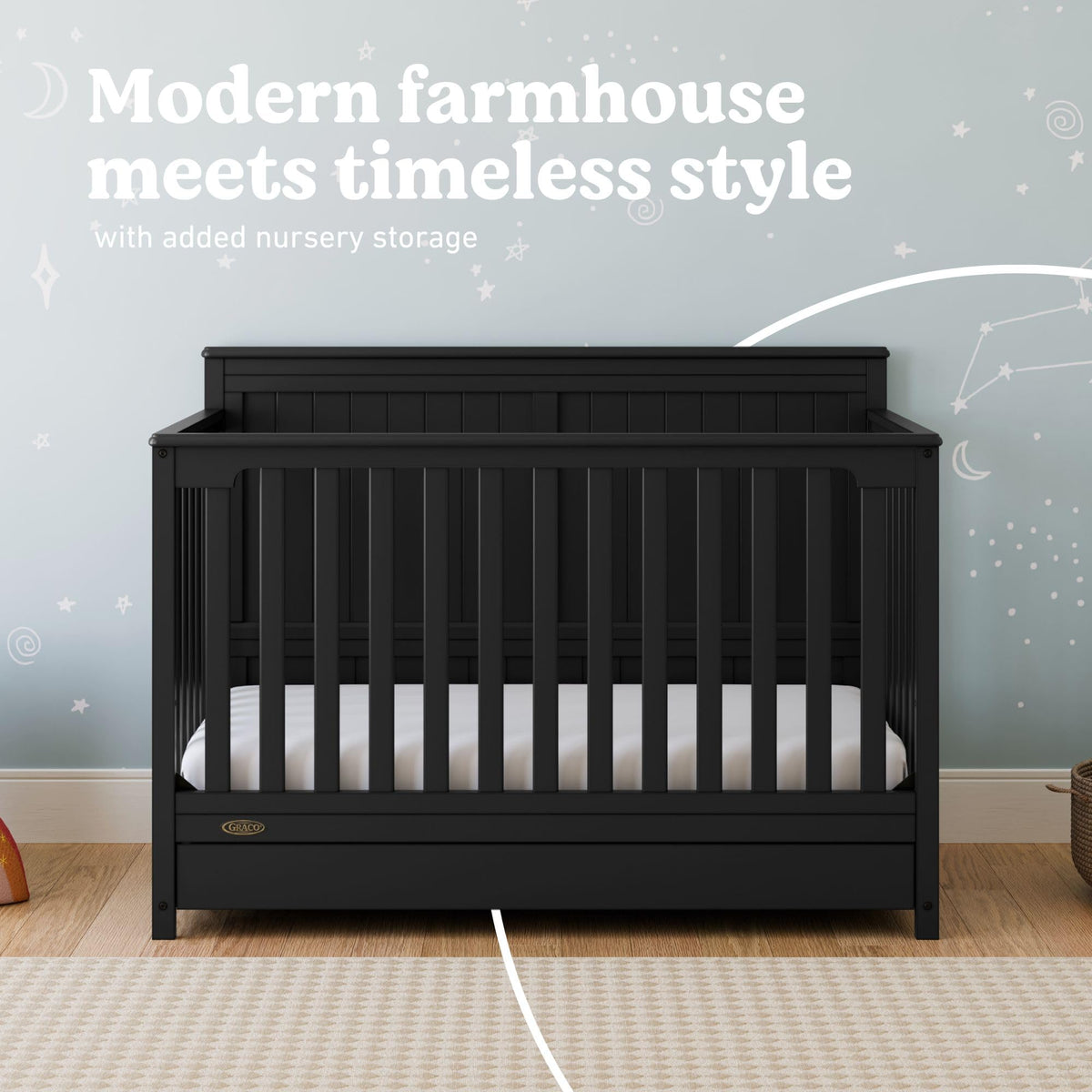 Graco Hadley 5-in-1 Convertible Crib with Drawer (Black) – GREENGUARD Gold Certified, Fits Standard Crib Mattress, Converts to Toddler Bed, Daybed and Full Bed, 4 Adjustable Mattress Heights