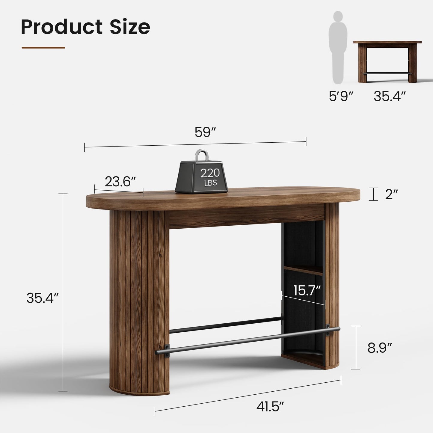 59" Bar Table with Storage - Walnut Vintage Counter Height Table, 6-Seater Pub Table with Metal Footrest, Wooden Round Edge Bar Counter, Home Bar Unit for Kicthen Island, Dining Room, Media Room
