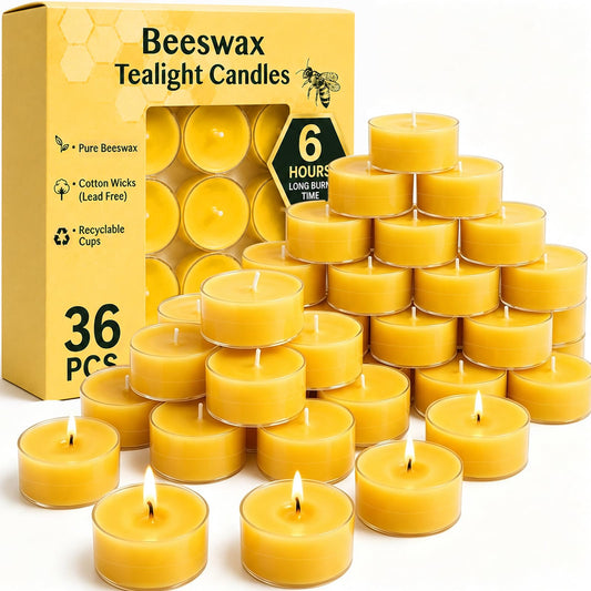 Pure Beeswax Tealight Candles,6-Hour Burn Tea Candles,36 Pack